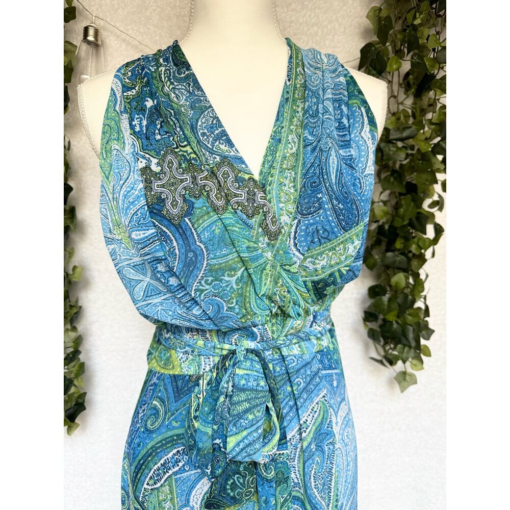 London Times Blue Green Zippered Paisley Print Maxi Dress Women's 8 Medium - Picture 5 of 14